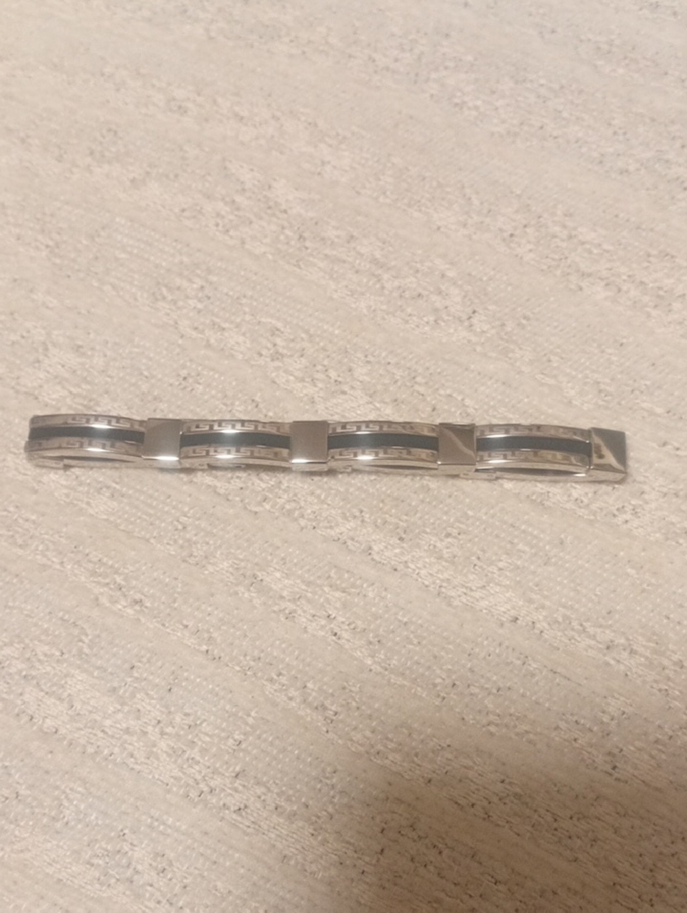 Stainless Steel And Black Link Bracelet with Greek Key Detailing.9 Inch BrandNew